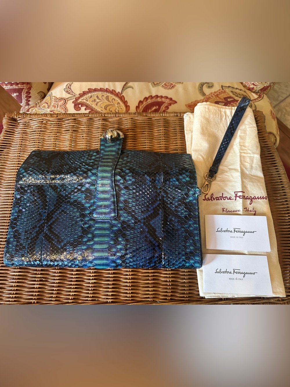 SALVATORE FERRAGAMO Exotic Blue Python Leather Clutch w/Gancini Motif Front Flap - Picture 4 of 9